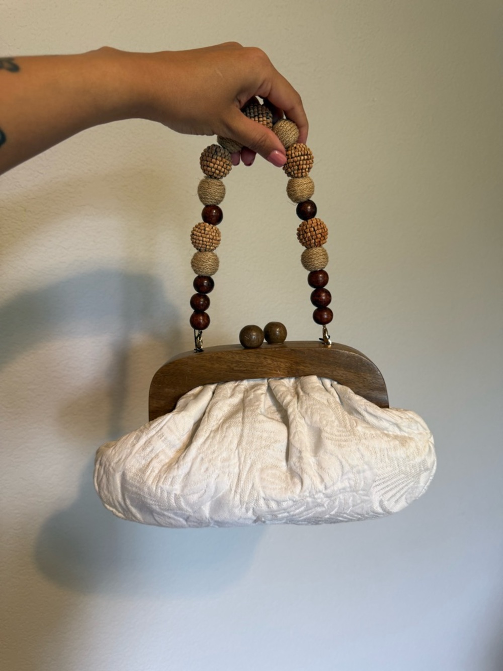 ZARA | Boho Beaded Handle Ivory Clutch